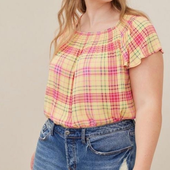 Torrid Top Women 3X Yellow Plaid Smocked Crinkle Feminine Plaid Summer Beach 80s - Picture 1 of 15